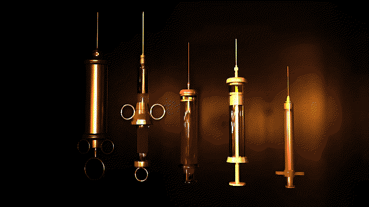 5 syringes lined up in frontal view, side-by-side, rendered in Maya.